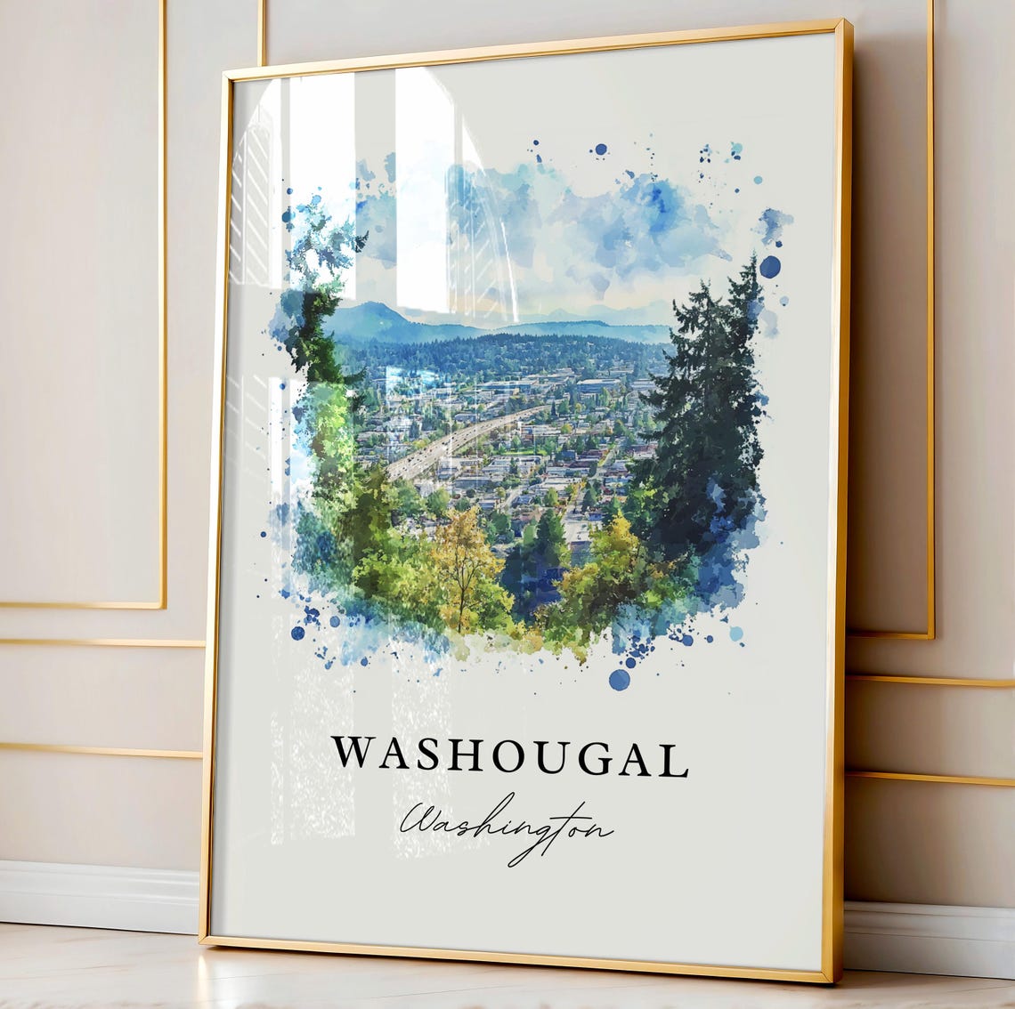 Washougal Washington Watercolor Evergreen Hills Town View Poster