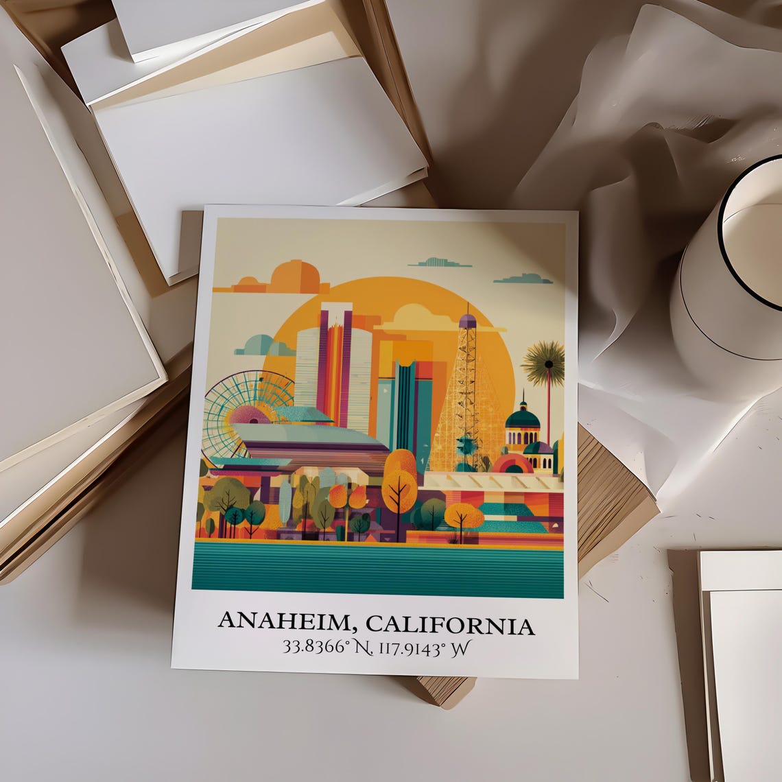 Anaheim California Geometric Skyline Ferris Wheel Retro Travel Poster - Image 5