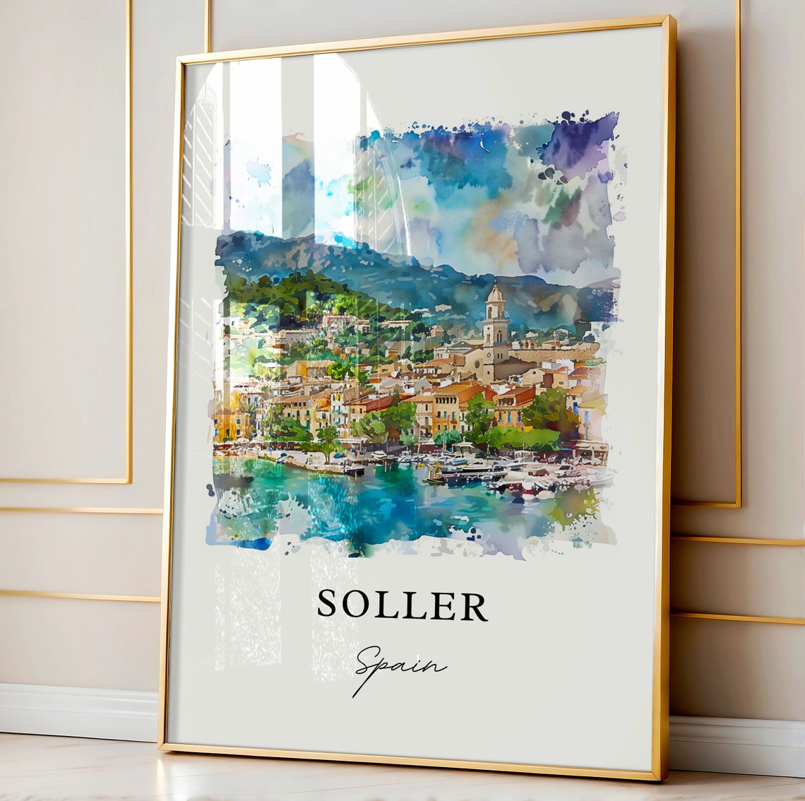 Soller Spain Mallorca Harbor Church Watercolor Travel Poster - Image 4