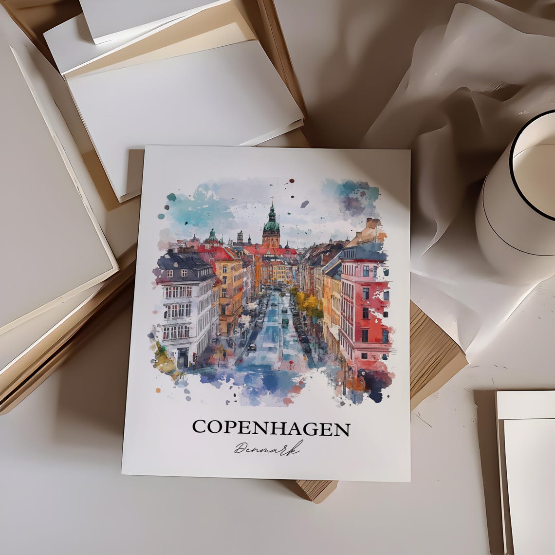 Copenhagen Denmark Watercolor Historic Street Scene Travel Poster - Image 5