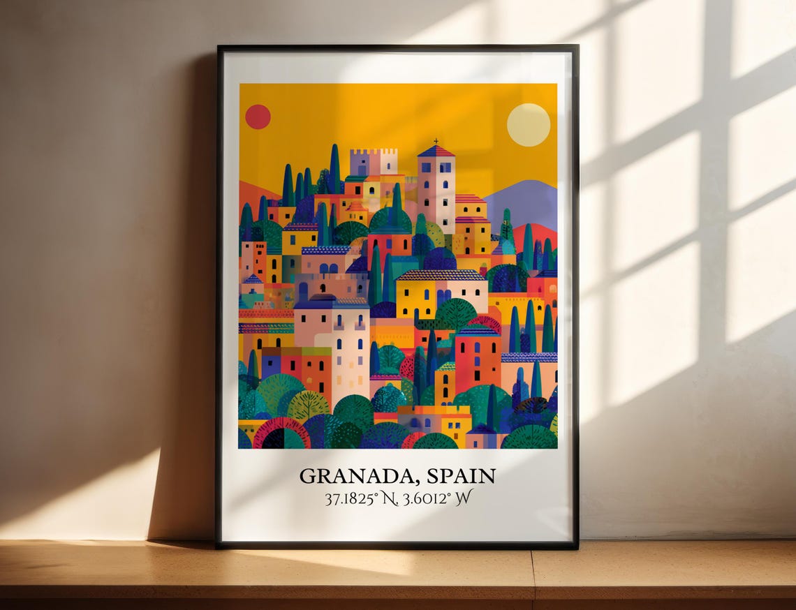 Granada Spain Hillside Town Sun And Moon Retro Travel Art Poster