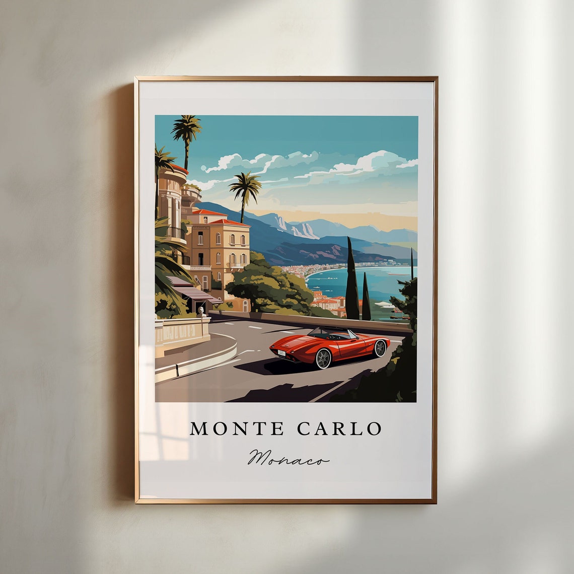 Monte Carlo Monaco Vintage Travel Poster Red Sports Car Coast