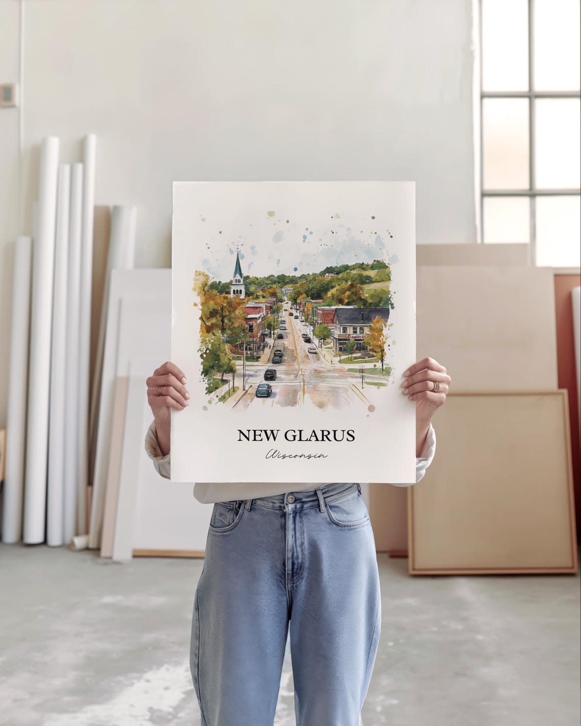New Glarus Wisconsin Small Town Aerial Watercolor Travel Gift Poster - Image 5