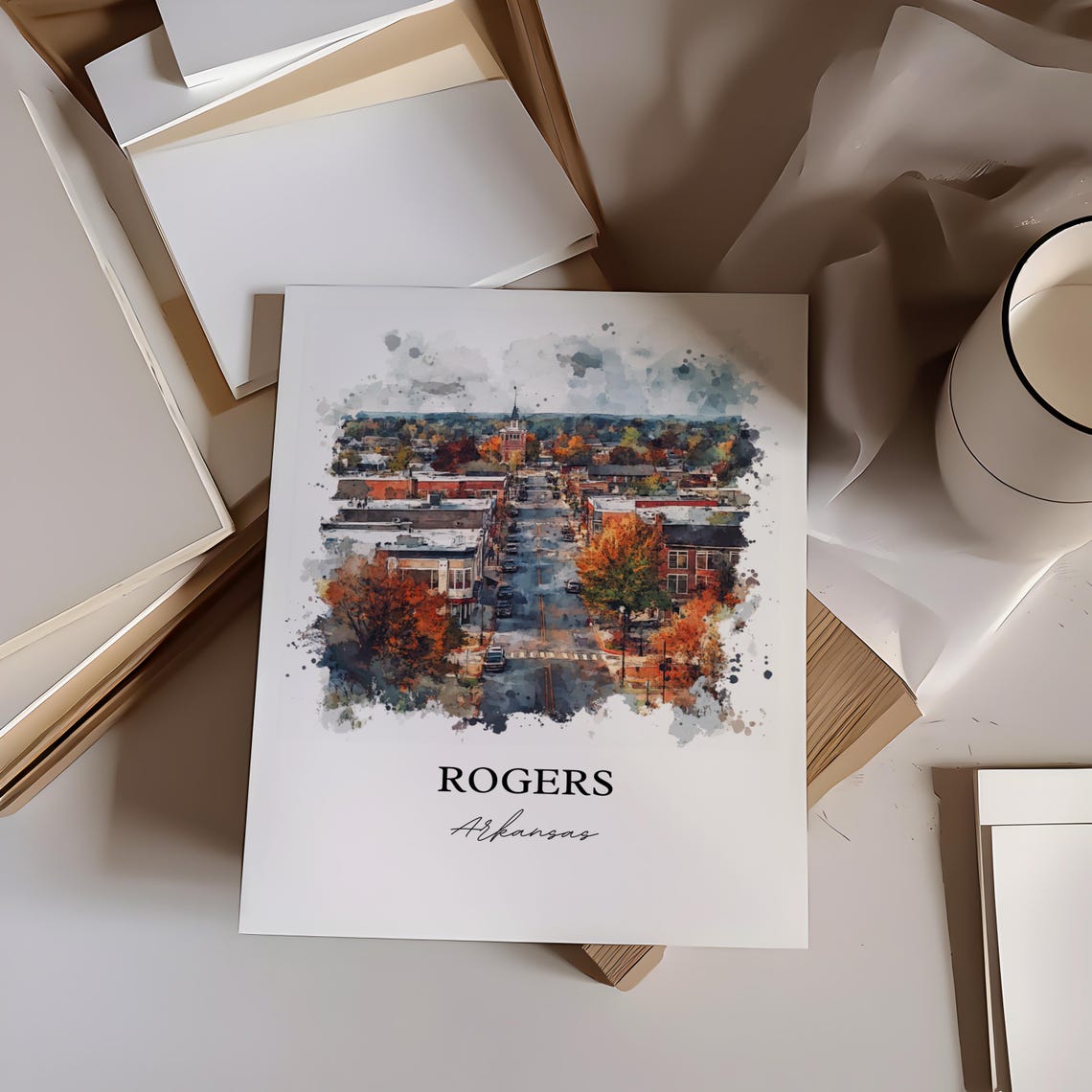 Rogers Arkansas Downtown Aerial Fall Watercolor Travel Poster - Image 3