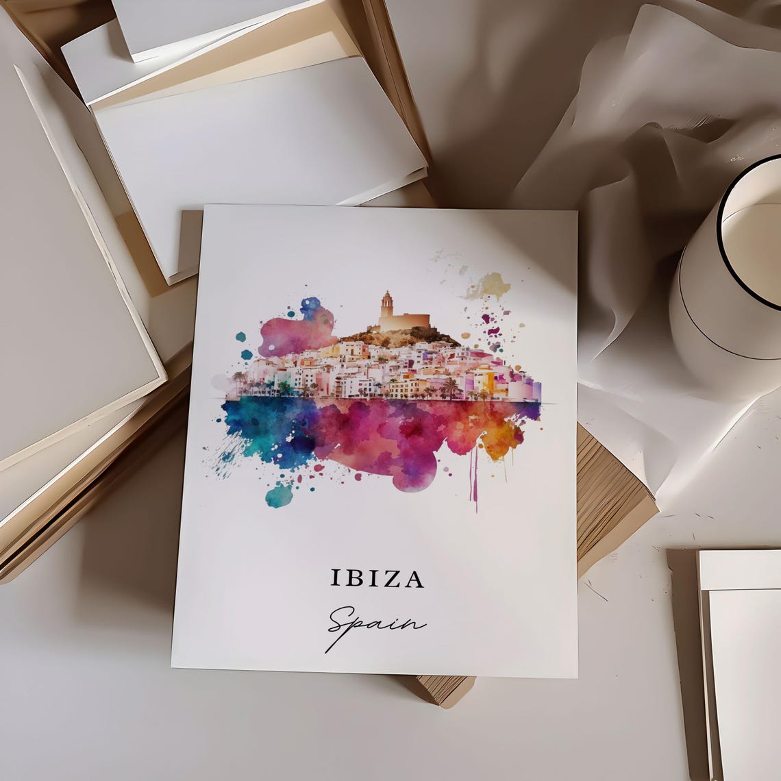 Ibiza Spain Balearic Island Harbor Coast Watercolor Travel Poster - Image 5