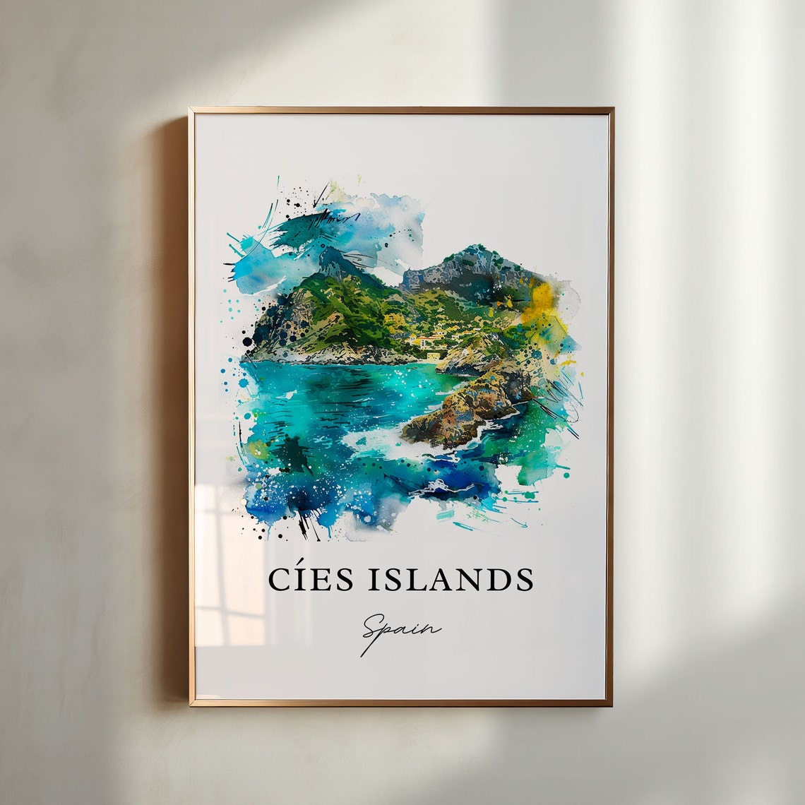 Cies Islands Spain Turquoise Coast Mountain Watercolor Sea Poster