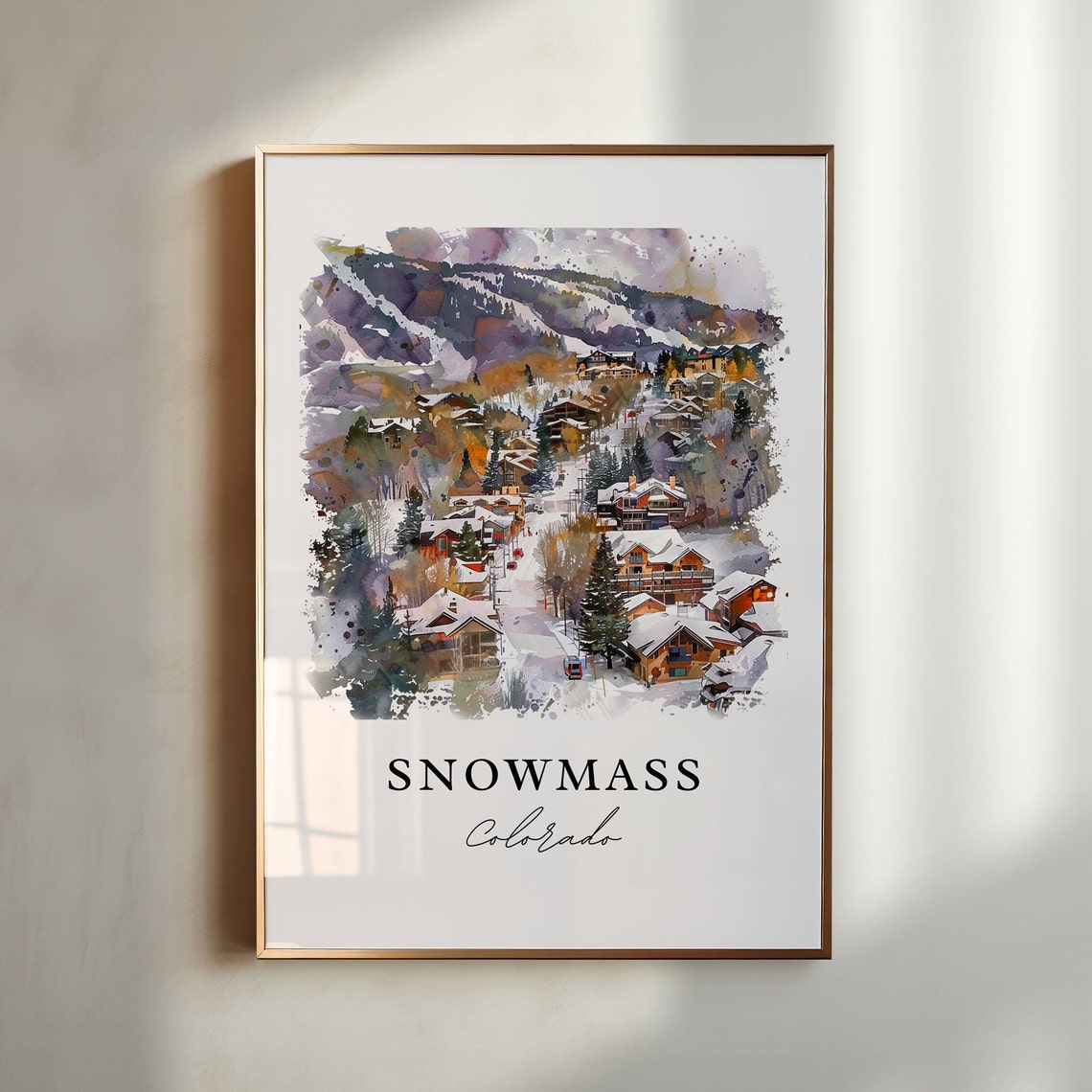 Snowmass Colorado Snowy Ski Village Chalet Watercolor Travel Poster