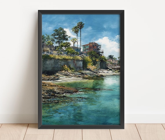 Santa Cruz Coast Watercolor Cliffside Homes Palm Trees Ocean Poster