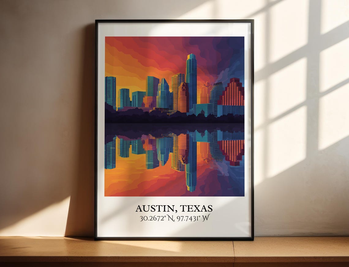Austin Texas Sunset Skyline Reflection Downtown Travel Poster