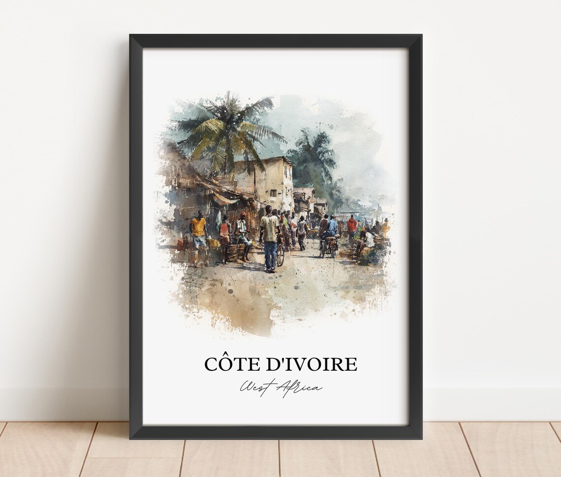 Côte d'Ivoire West Africa Market Street Watercolor Travel Poster - Image 4