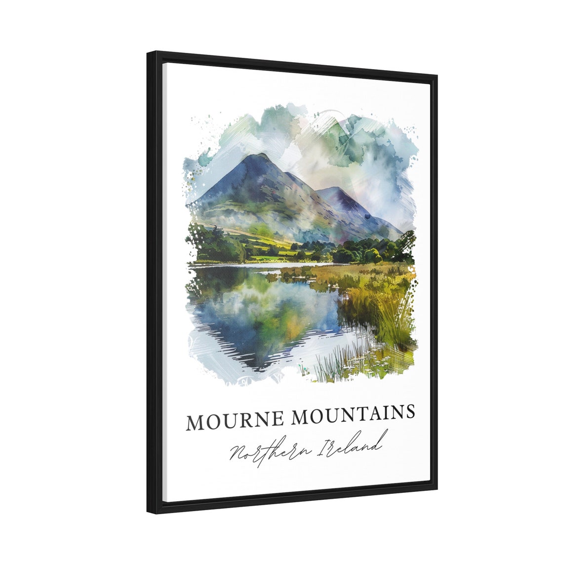 Mourne Mountains Northern Ireland Lake Reflection Watercolor Poster - Image 2