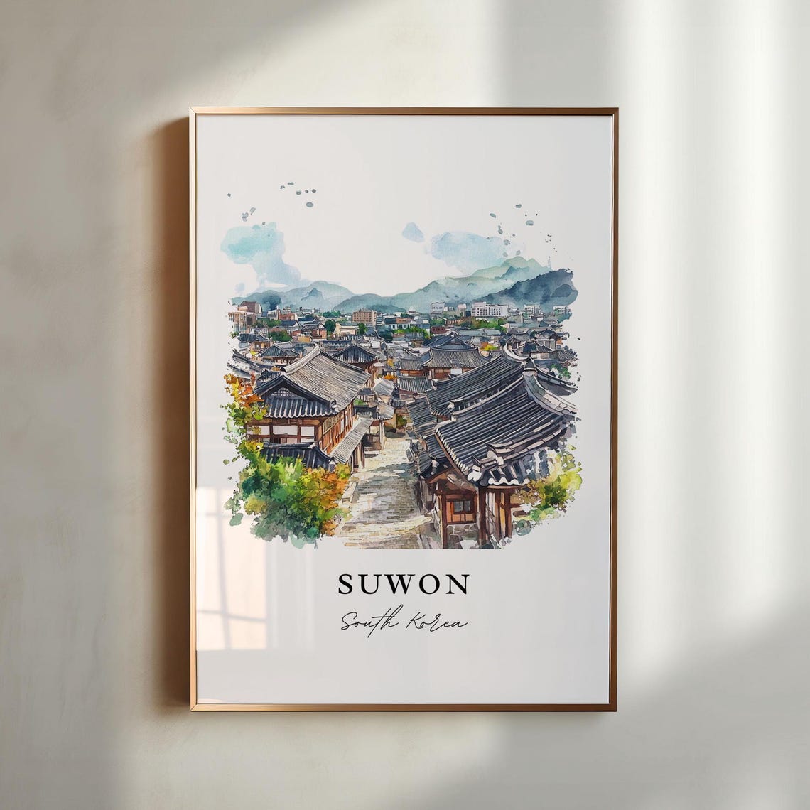 Suwon South Korea Hanok Rooftops Alley Watercolor Travel Poster