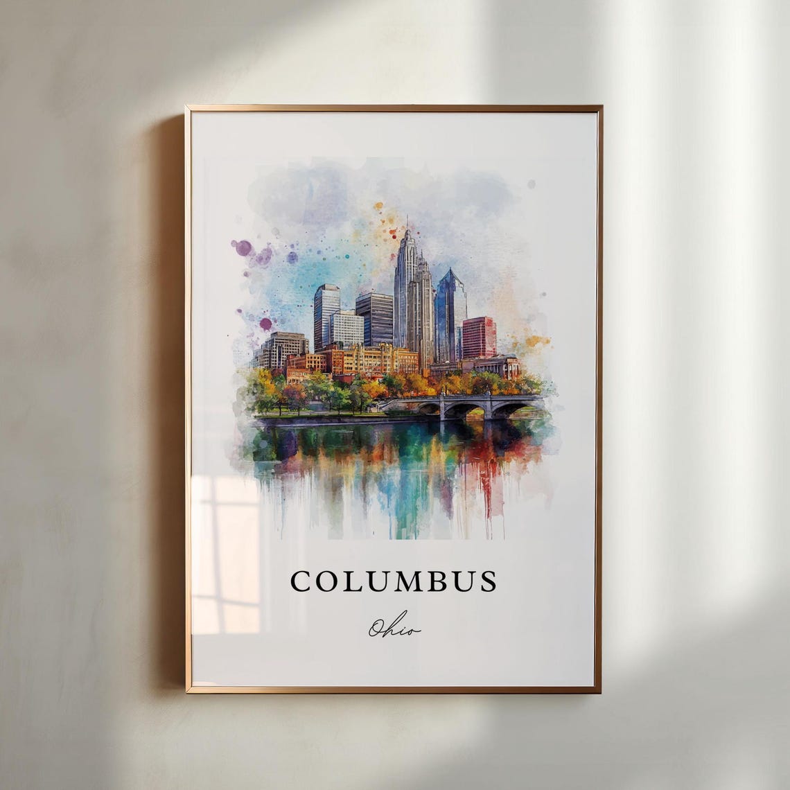 Columbus Ohio Skyline River Reflection Watercolor Print Home Decor
