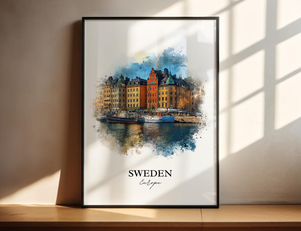 Sweden Europe Old Harbor Colorful Houses Watercolor Travel Poster
