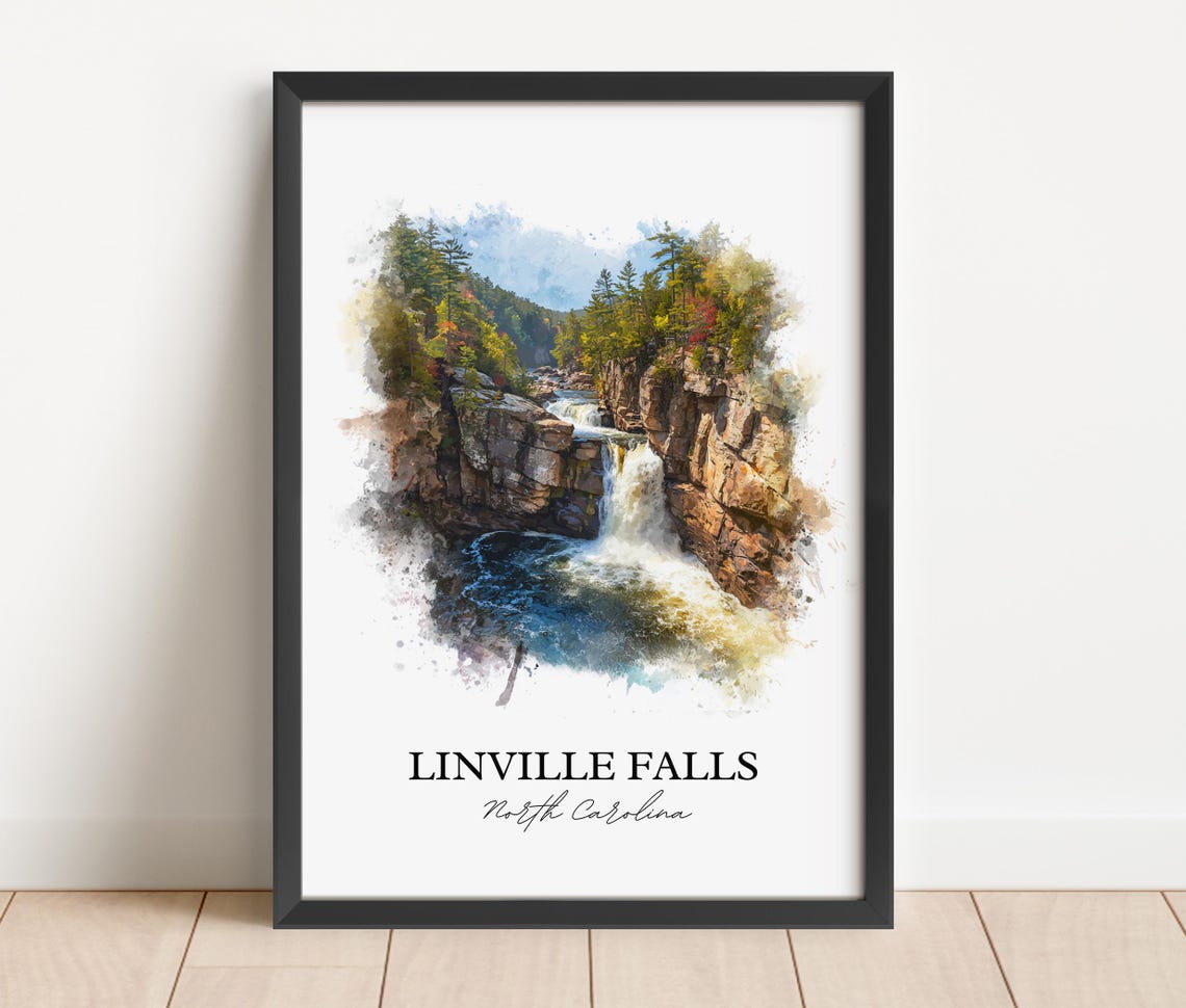 Linville Falls North Carolina Rocky Gorge Cascade Watercolor Poster - Image 2
