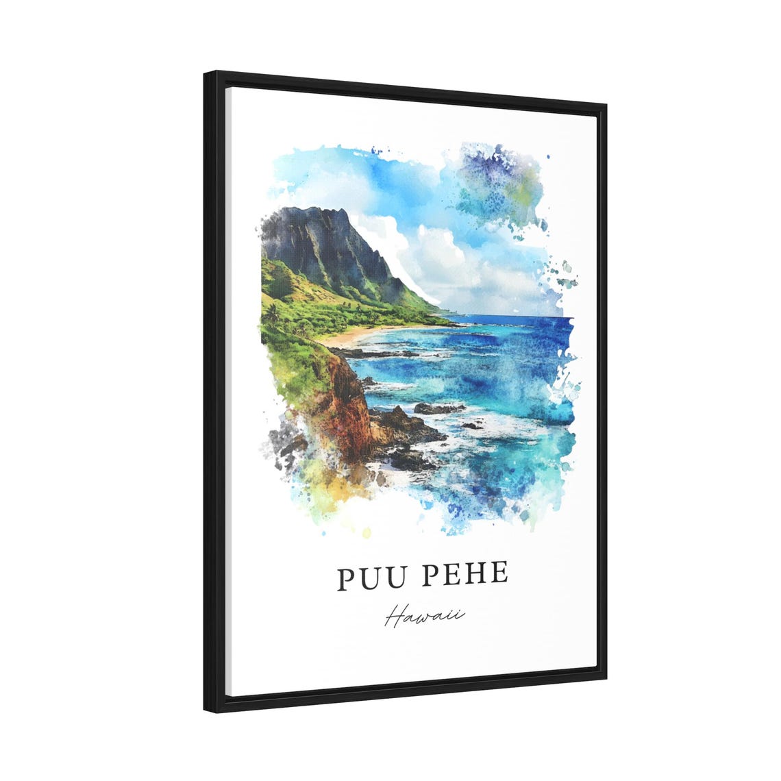 Puu Pehe Hawaii Watercolor Sea Cliffs Ocean Scene Art Poster - Image 2