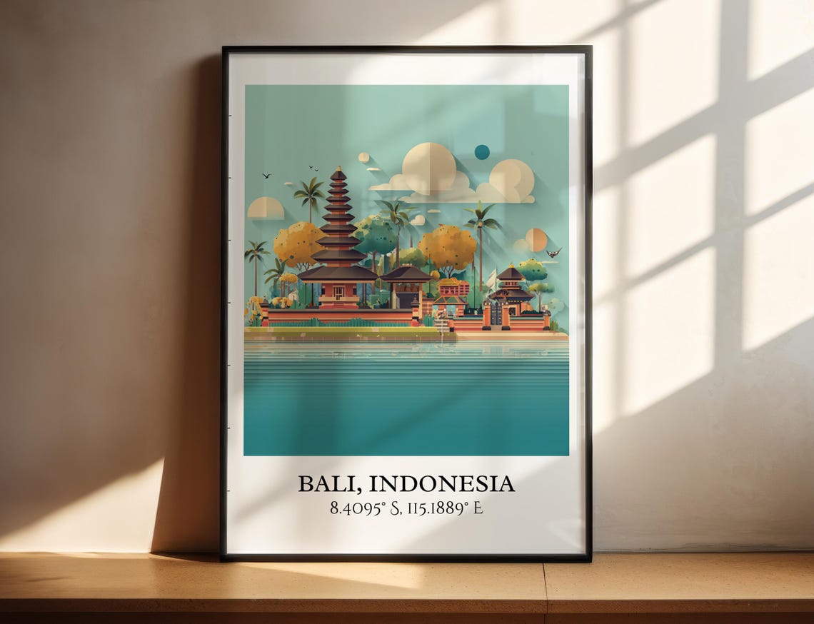 Bali Indonesia Lakeside Temple Pagoda Palms Retro Travel Art Poster