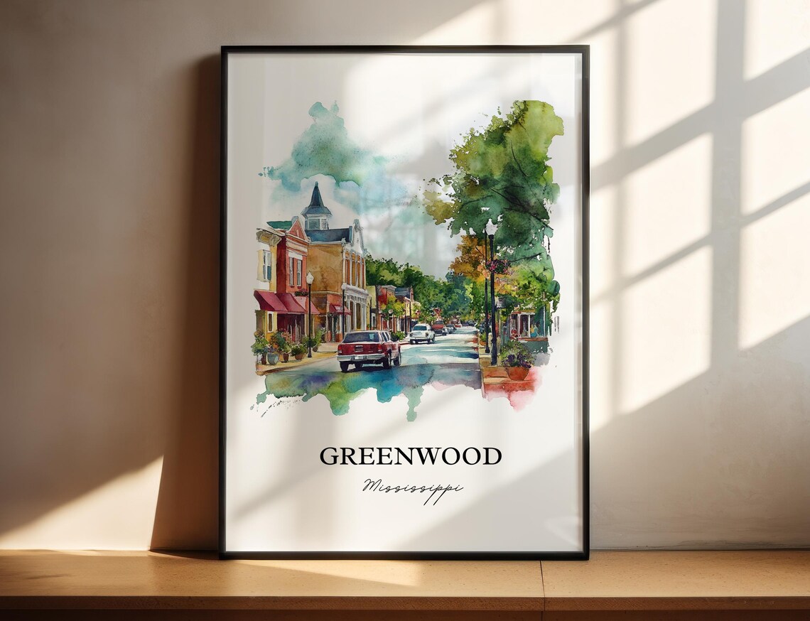Greenwood Mississippi Main Street Historic Shops Watercolor Poster - Image 5