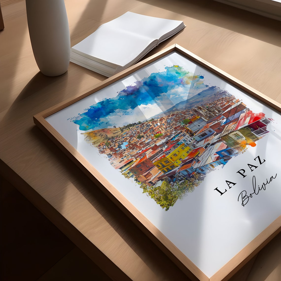 La Paz Bolivia Hillside City Aerial Colorful Homes Watercolor Poster - Image 5
