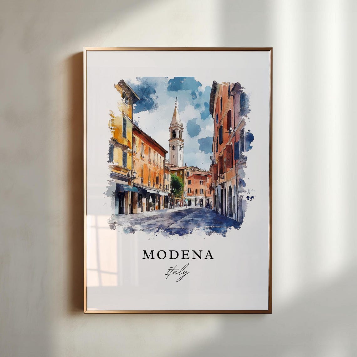 Modena Italy Historic Old Street Bell Watercolor Travel Poster