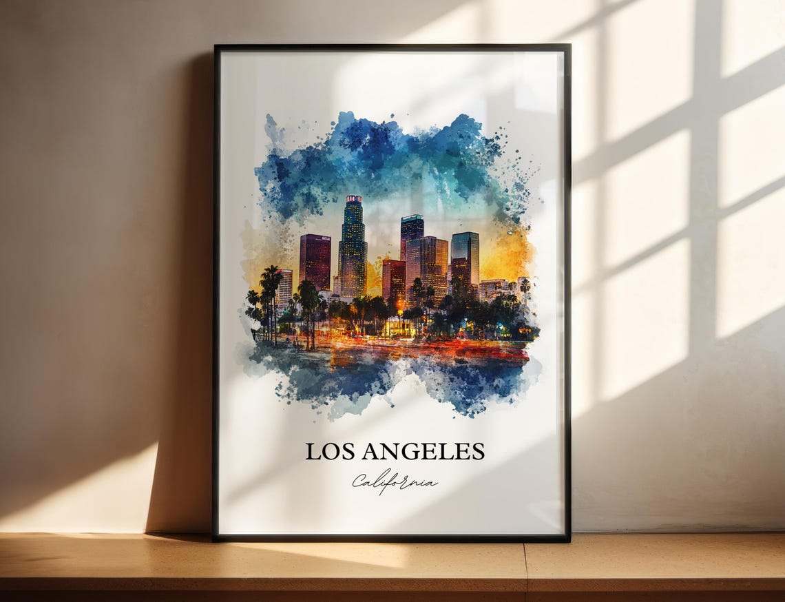 Los Angeles California Sunset Skyline Watercolor Travel Poster