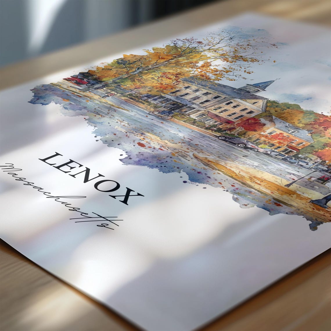 Lenox Massachusetts Watercolor Fall Town Square Scene Poster - Image 6