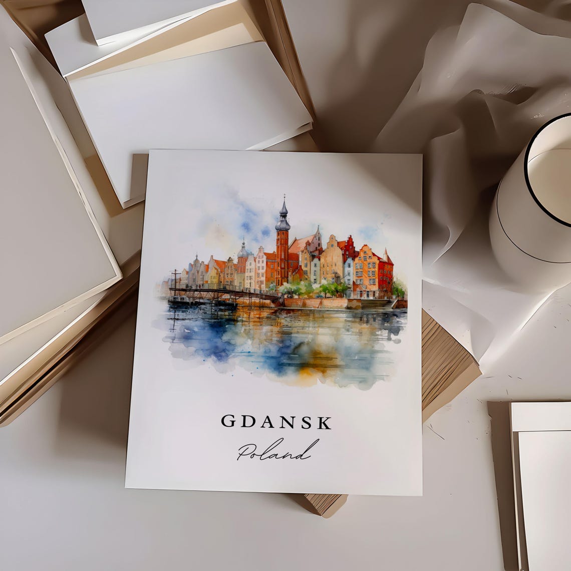 Gdansk Poland Waterfront Old Town Watercolor River Reflection Poster - Image 6