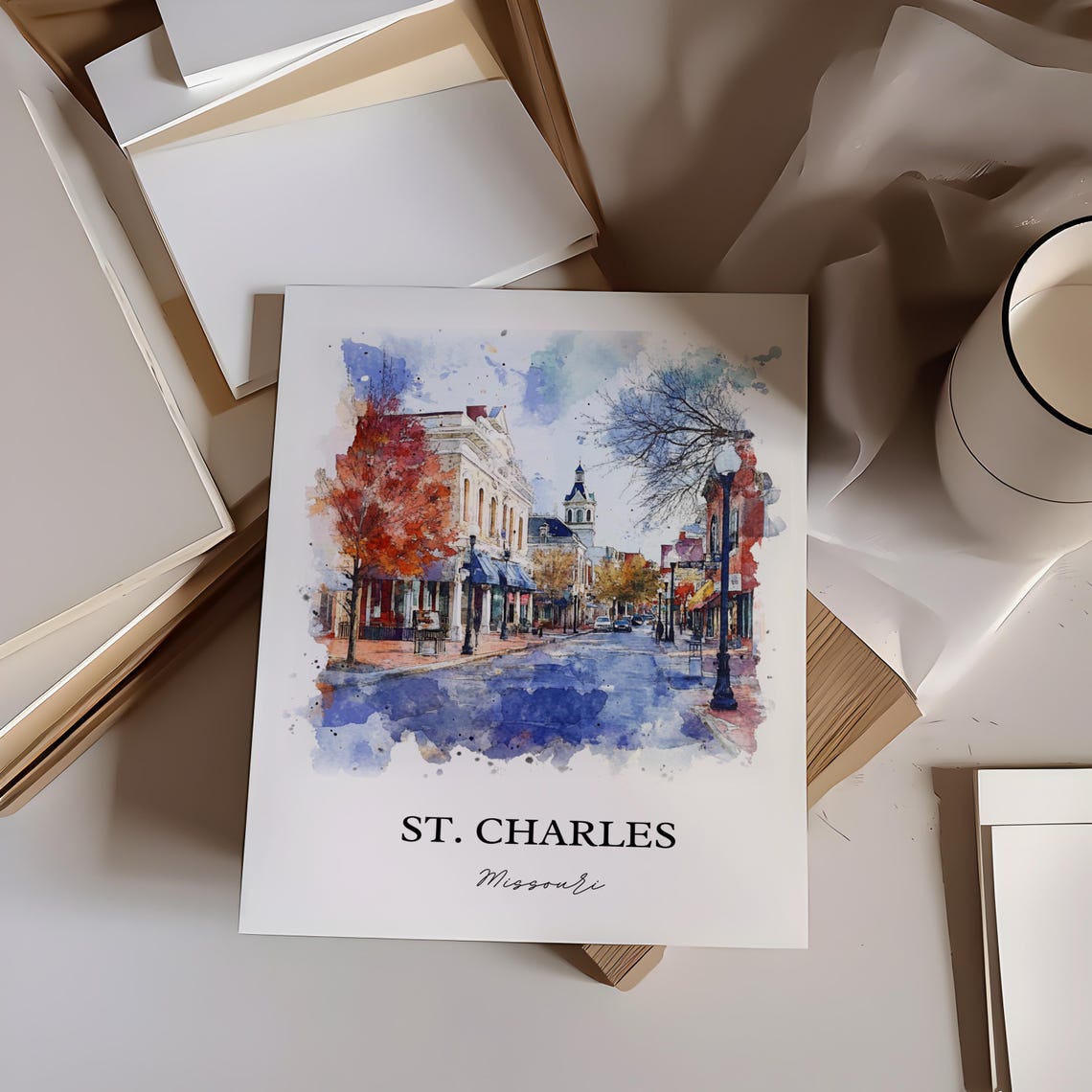 St Charles Missouri Historic Brick Street Fall Watercolor Poster - Image 3