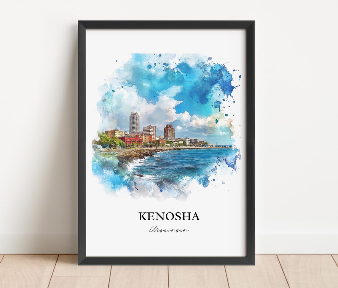 Kenosha Wisconsin Watercolor Lakefront Skyline Blue Waves Poster - Image 2