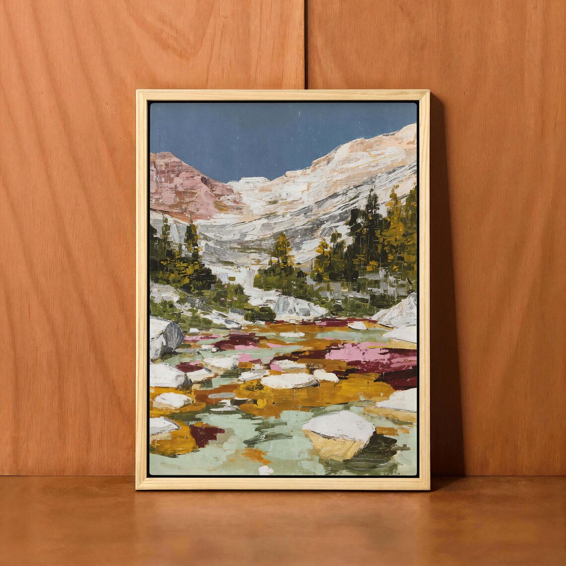 Abstract Snowy Mountain Lake Autumn Colors Modern Painting Poster