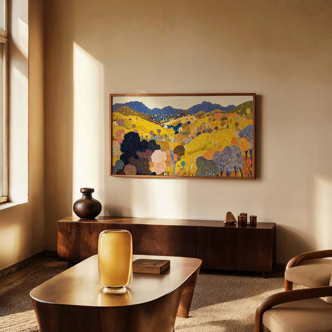 Kusama Inspired Panoramic Golden Dotted Hills Landscape Wall Print - Image 3