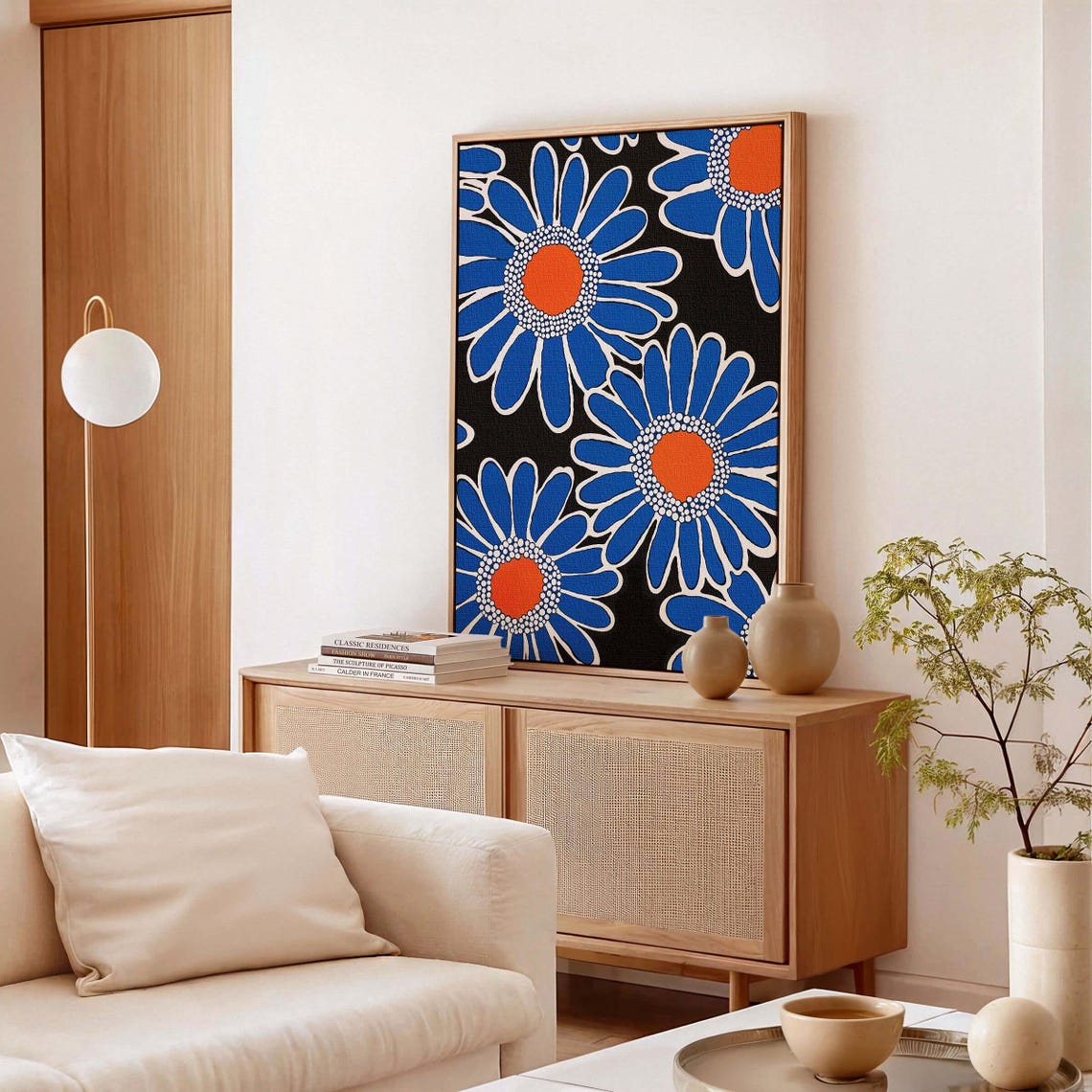 Bold Blue Daisy Blooms with Orange Centers Mid Century Floral Poster - Image 3