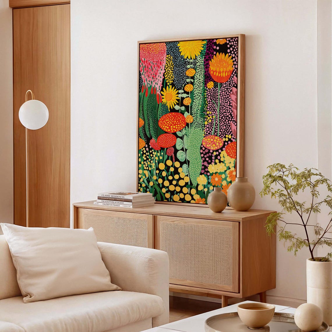 Kusama Inspired Dotted Red and Yellow Flower Garden on Black Poster - Image 3