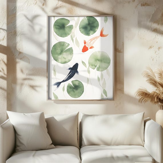 Koi Fish Japanese Minimalist Art Print, Nature Decor
