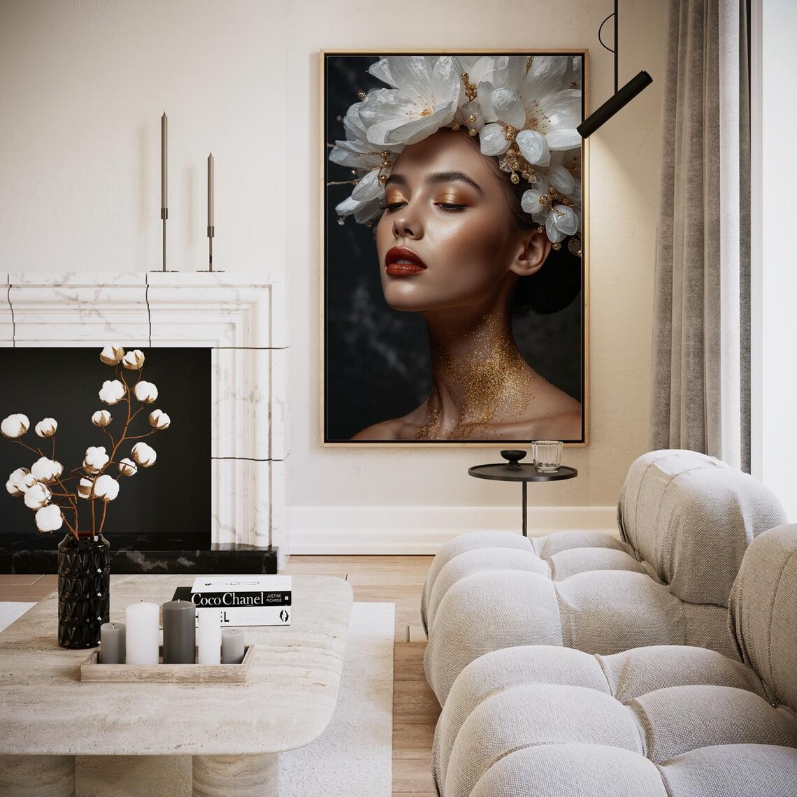 Woman White Flower Headdress Gold Glitter Beauty Portrait Poster