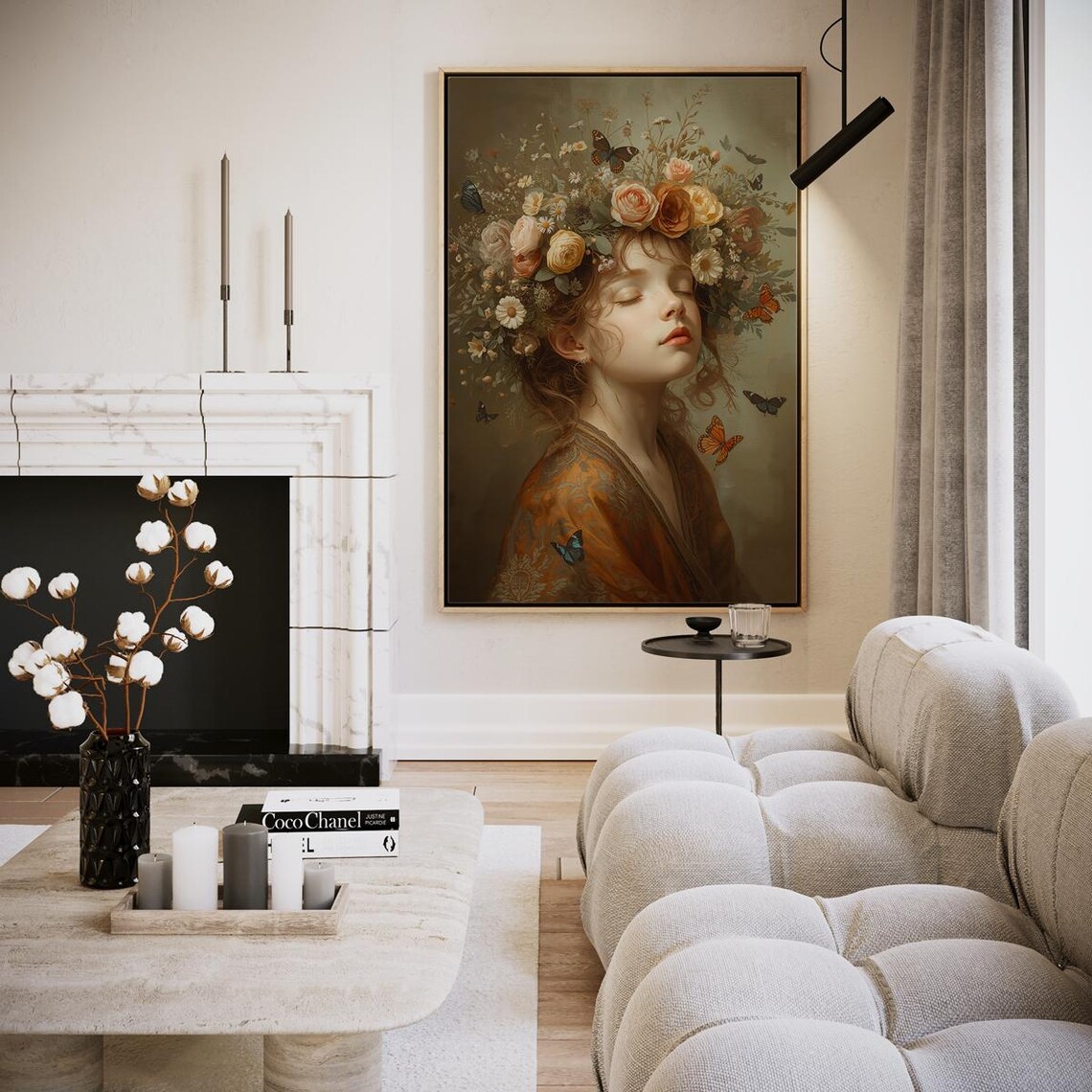 Dreamy Flower Crown Girl Portrait Butterflies Amber Art Poster