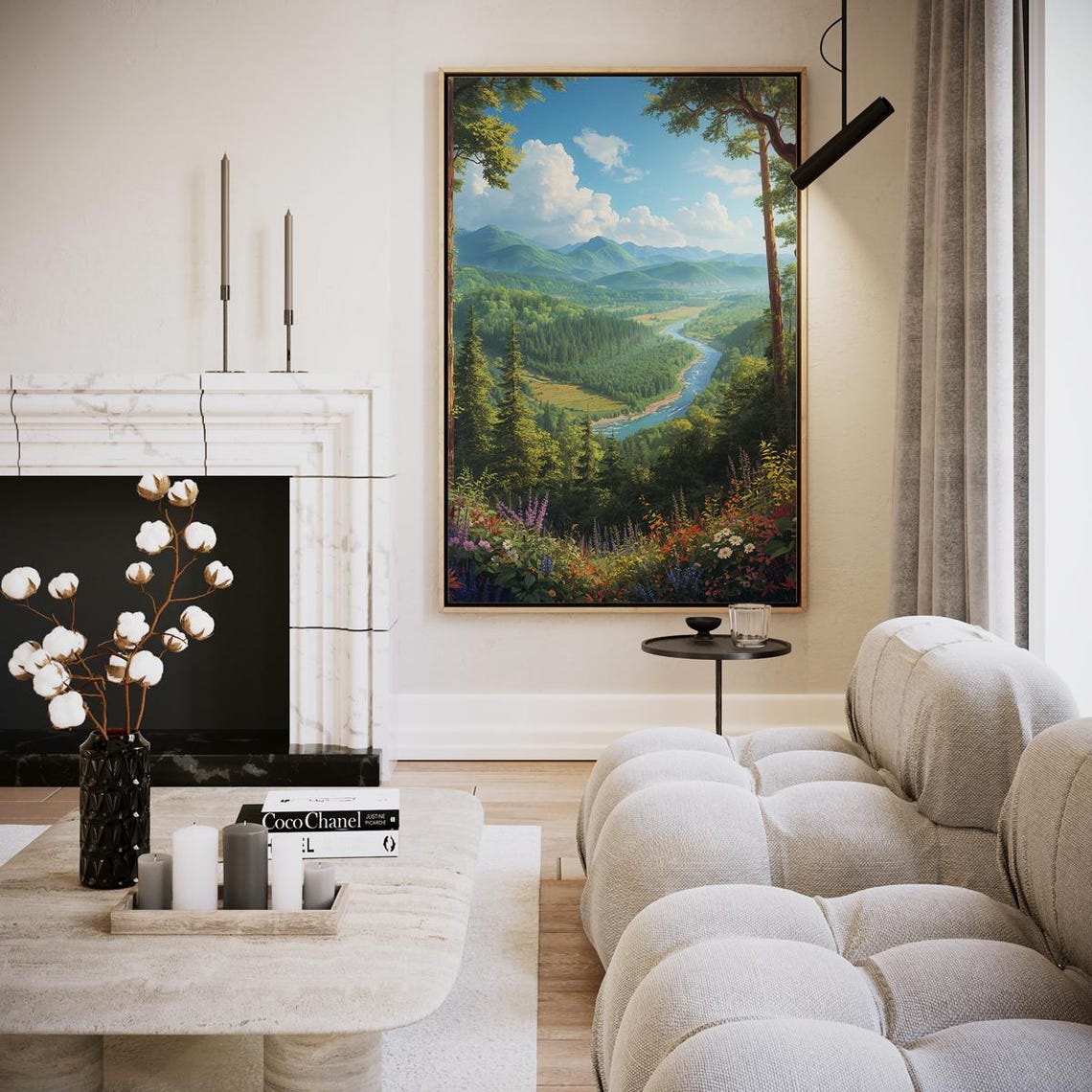 Lush Green Valley River Forest Wildflowers Landscape Wall Art Decor