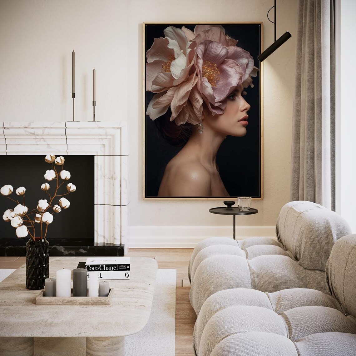 Side Profile Woman With Pink Flower Headpiece On Black Poster