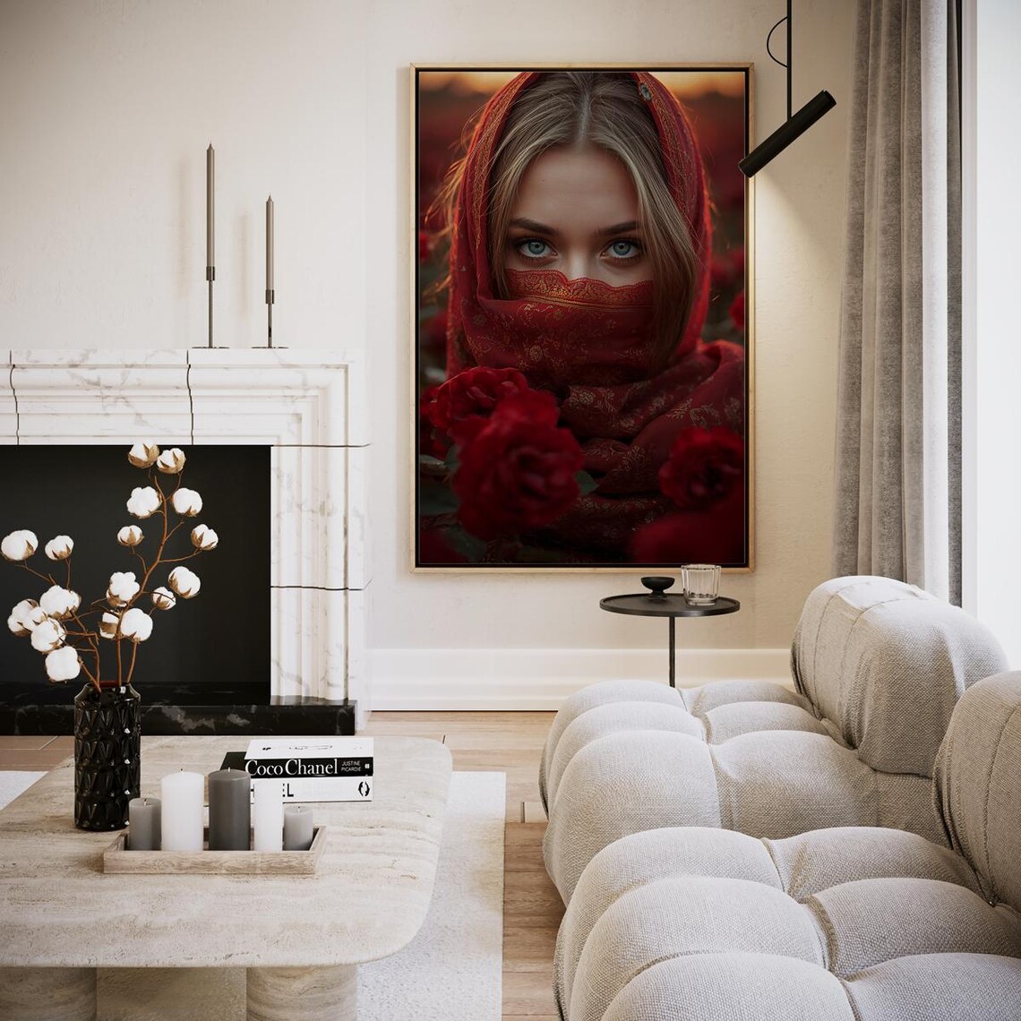 Blonde Woman Red Headscarf Roses Eyes Portrait Elegant Floral Art Print
