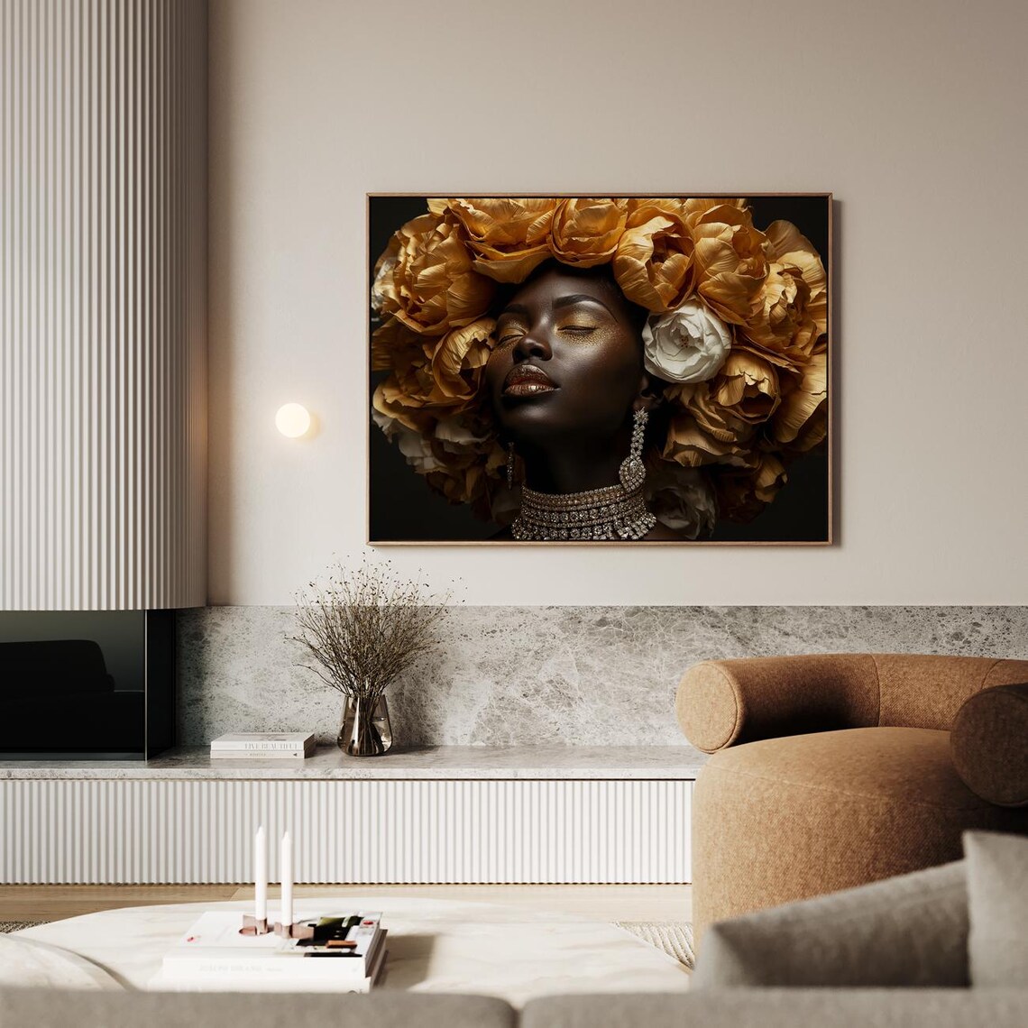 Regal Golden Amber Roses African Woman Portrait Jewelry Wall Art