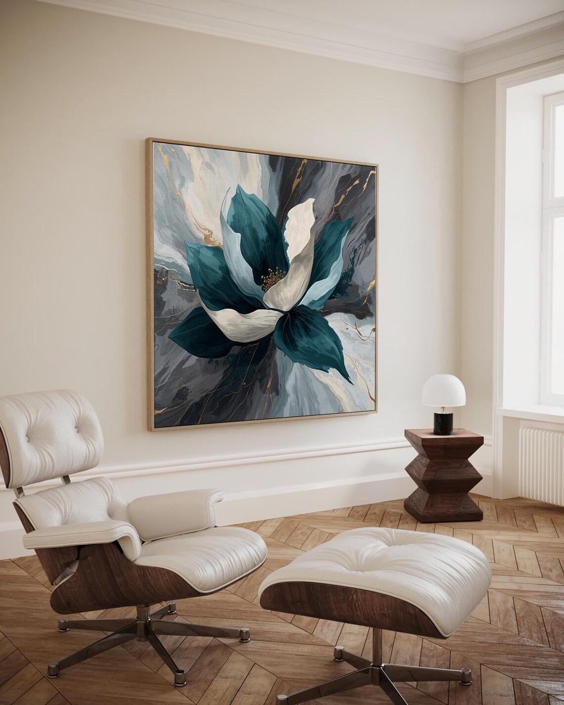 Flower Shape With Flowing Petrol Blue And White Brushstrokes On An Abstract Background Gold Accents