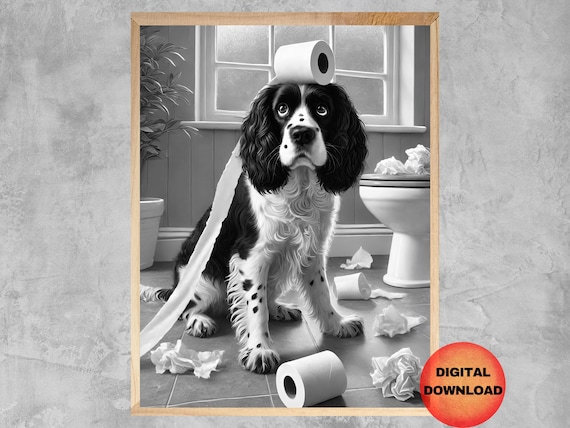 Springer Spaniel Toilet Black And White Poster Funny English Bathroom Decor Dog Lover Gift Paper Print