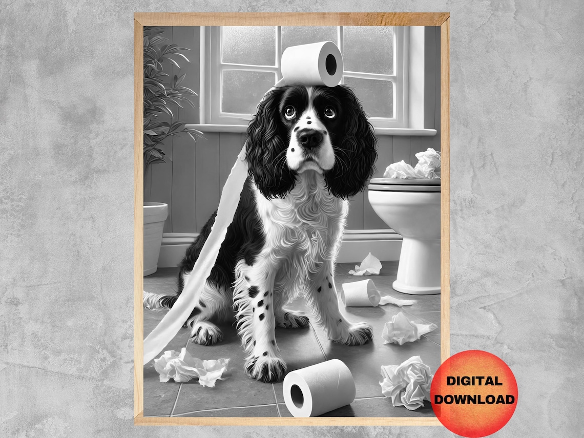 Springer Spaniel With Toilet Paper On Head Funny Bathroom Dog Poster