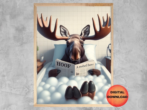 Moose Funny Bathroom Wall Art In Bathtub Wildlife Decor Rustic Animal Lover Print