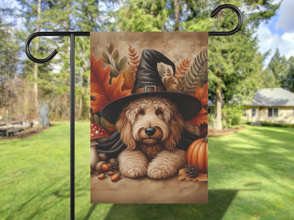 Goldendoodle Witch Hat Autumn Garden Flag Halloween Yard Sign Print