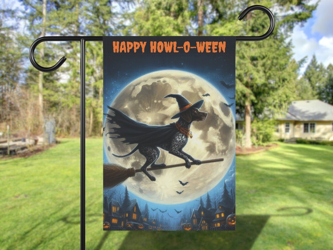 GSP Dog Halloween Garden Flag, Broomstick Pet Banner