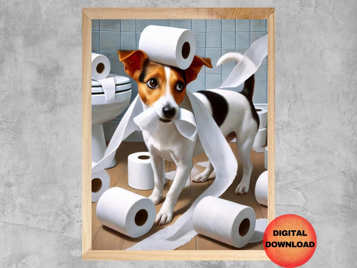 Jack Russell Terrier Toilet Paper Mess Funny Puppy Bathroom Poster