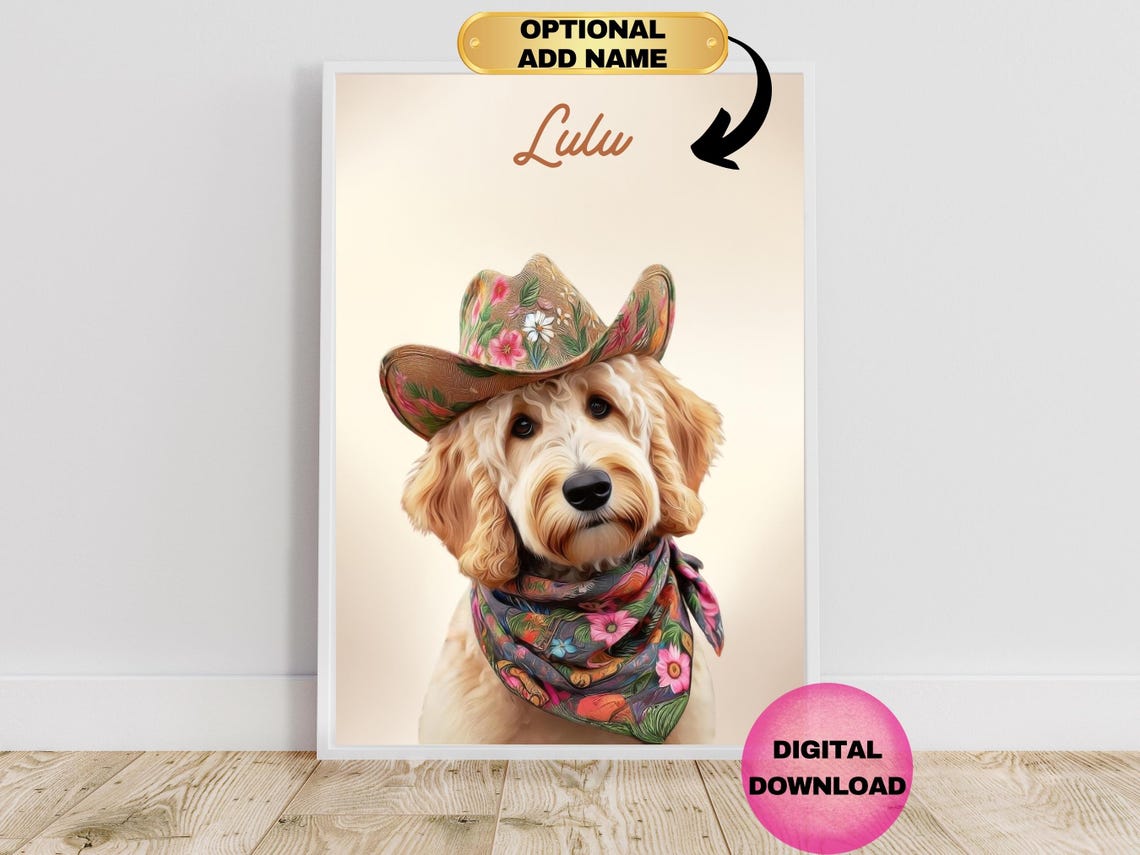 Goldendoodle Floral Cowboy Hat Personalized Name Dog Lover Print