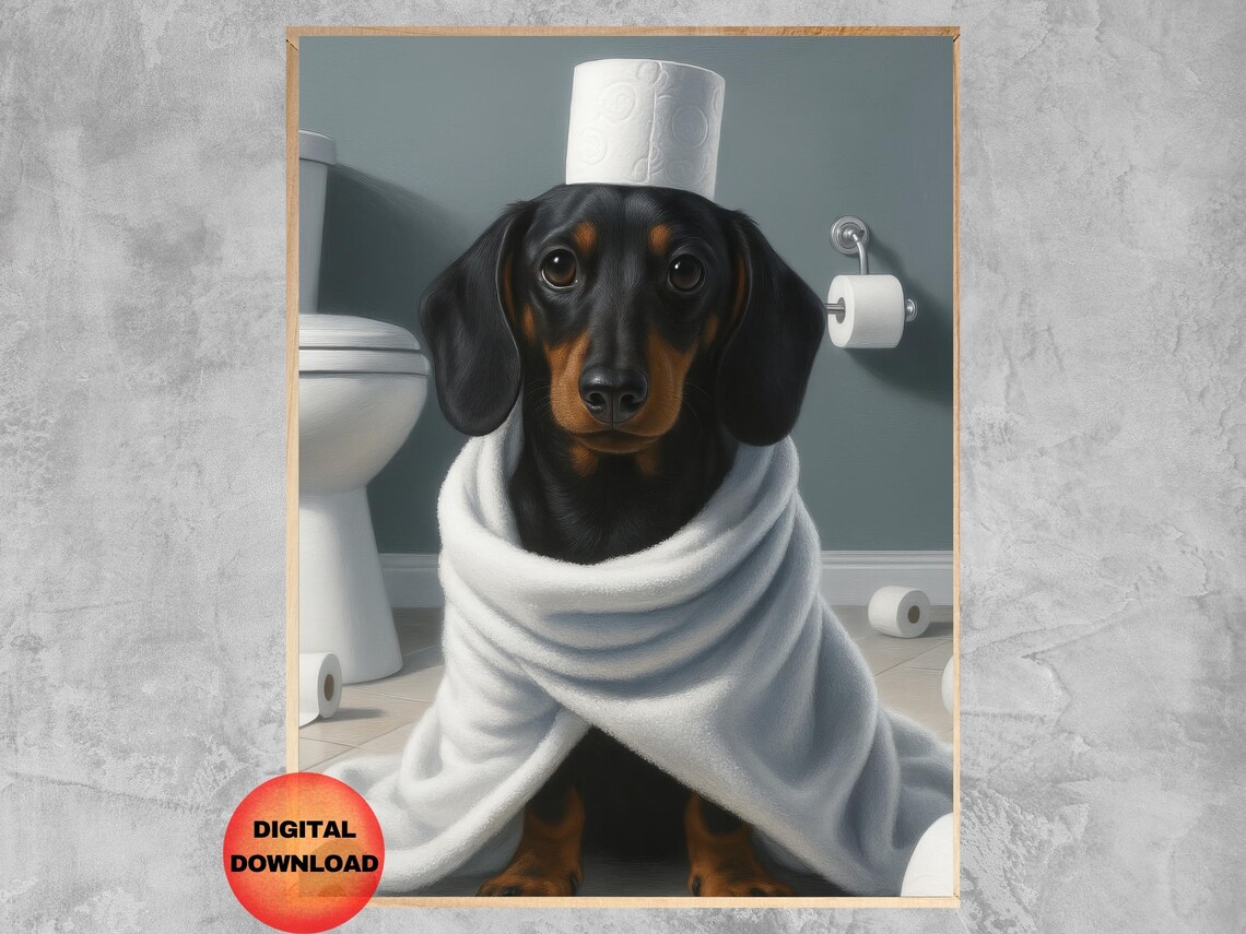 Dachshund Bathroom Wall Art, Whimsical Pet Poster