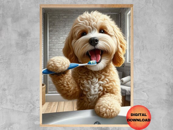 Cockapoo Bathroom Wall Art Funny Brushing Teeth Poster Dog Humor Whimsy Pet Picture Mom Gift